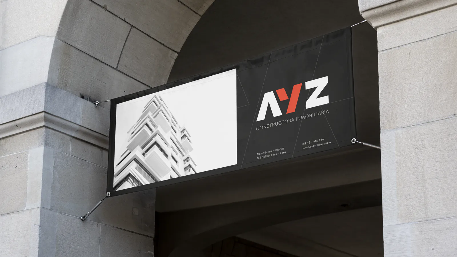 Señalética exterior de AYZ en fachada con render de edificio por Follow Me Agency