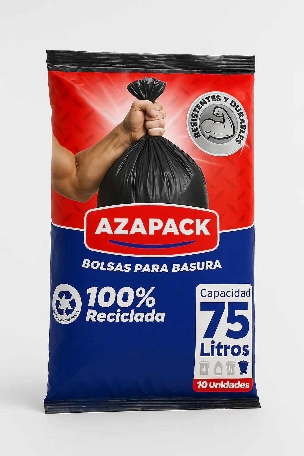 Empaque de bolsas para basura Azapack 75 litros con logo positivo, diseño de Follow Me Agency