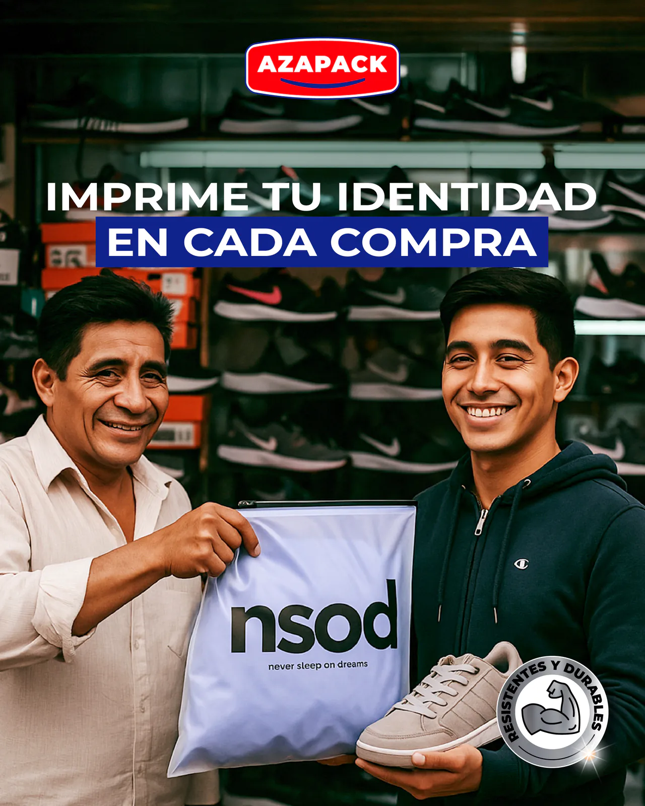 Post de redes de Azapack con dos personas reales sosteniendo una bolsa personalizada, por Follow Me Agency
