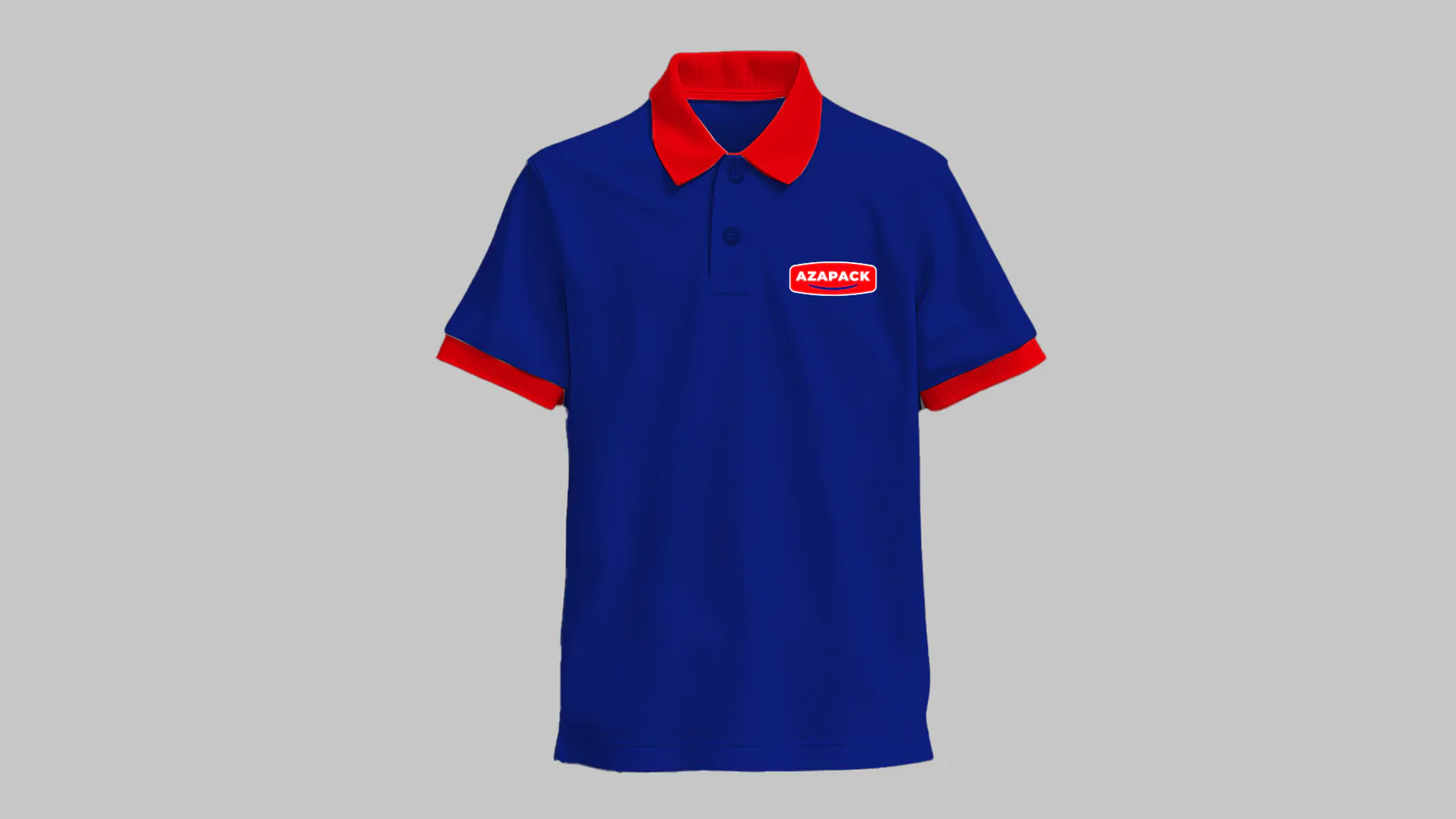 Polo de uniforme Azapack azul con cuello rojo y logo bordado, diseño de Follow Me Agency