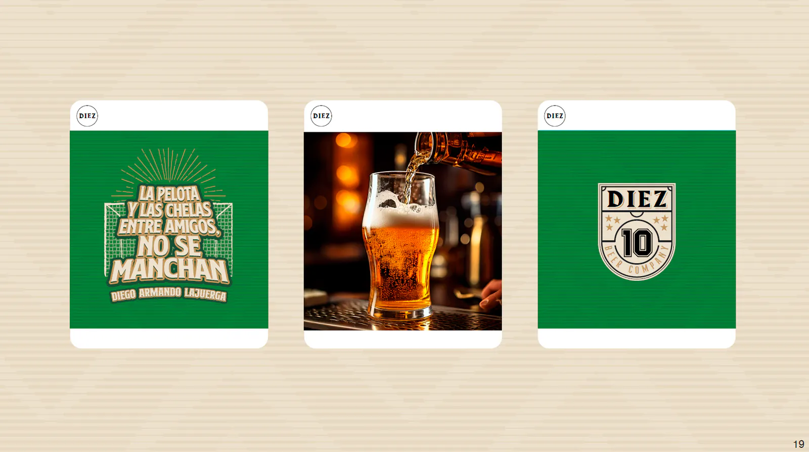 Piezas de redes sociales de Diez Beer Company en verde y dorado, por Follow Me Agency