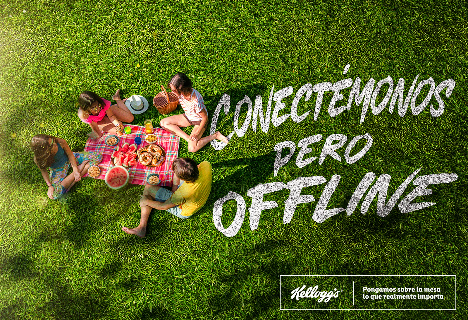 Pieza clave de la campaña Kellogg's de Follow Me Agency: picnic en plano cenital sobre césped con el mensaje Conectémonos pero offline