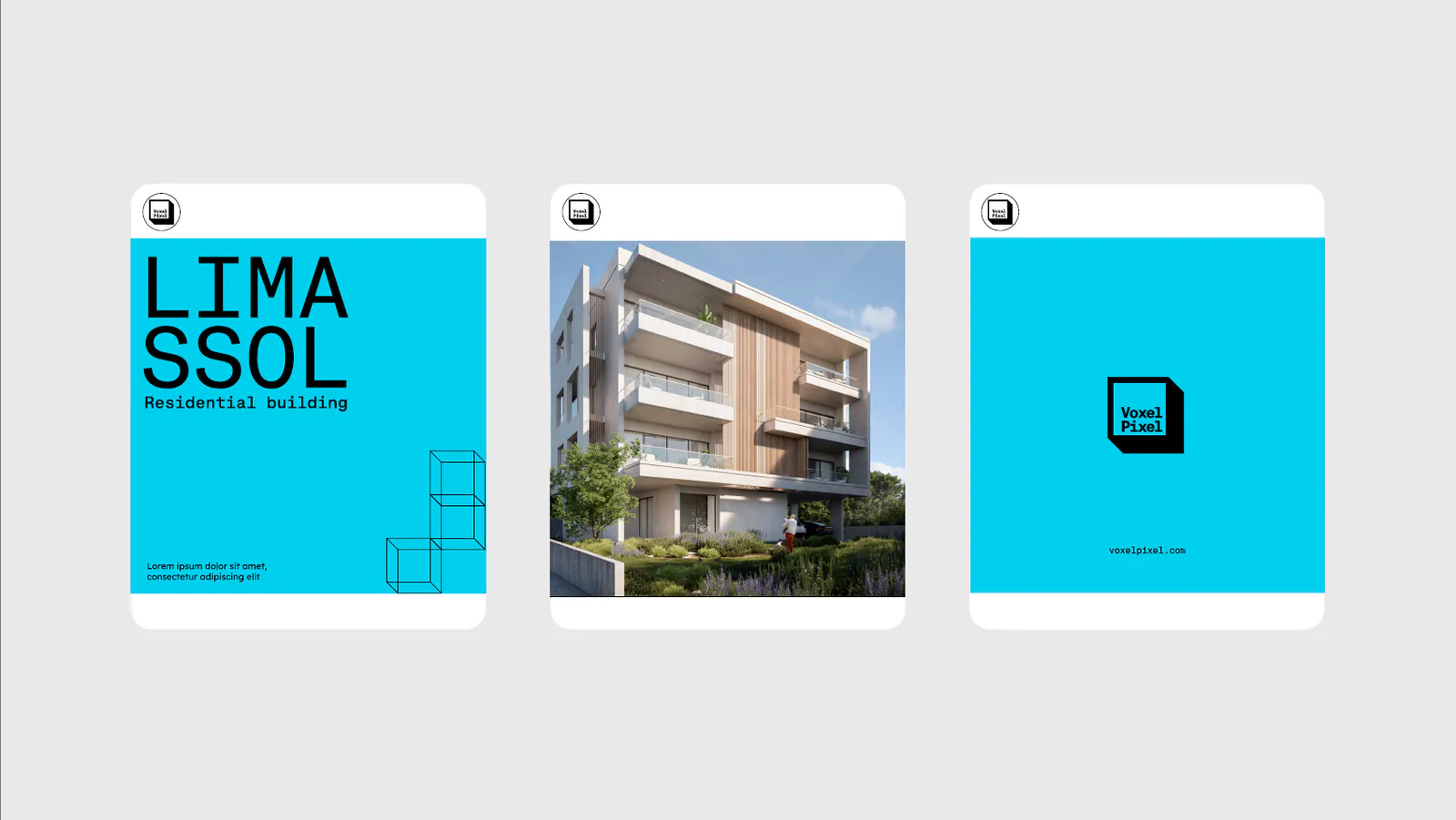Posts de redes de Voxel Pixel para el proyecto Limassol sobre azul de apoyo, sistema visual de Follow Me Agency