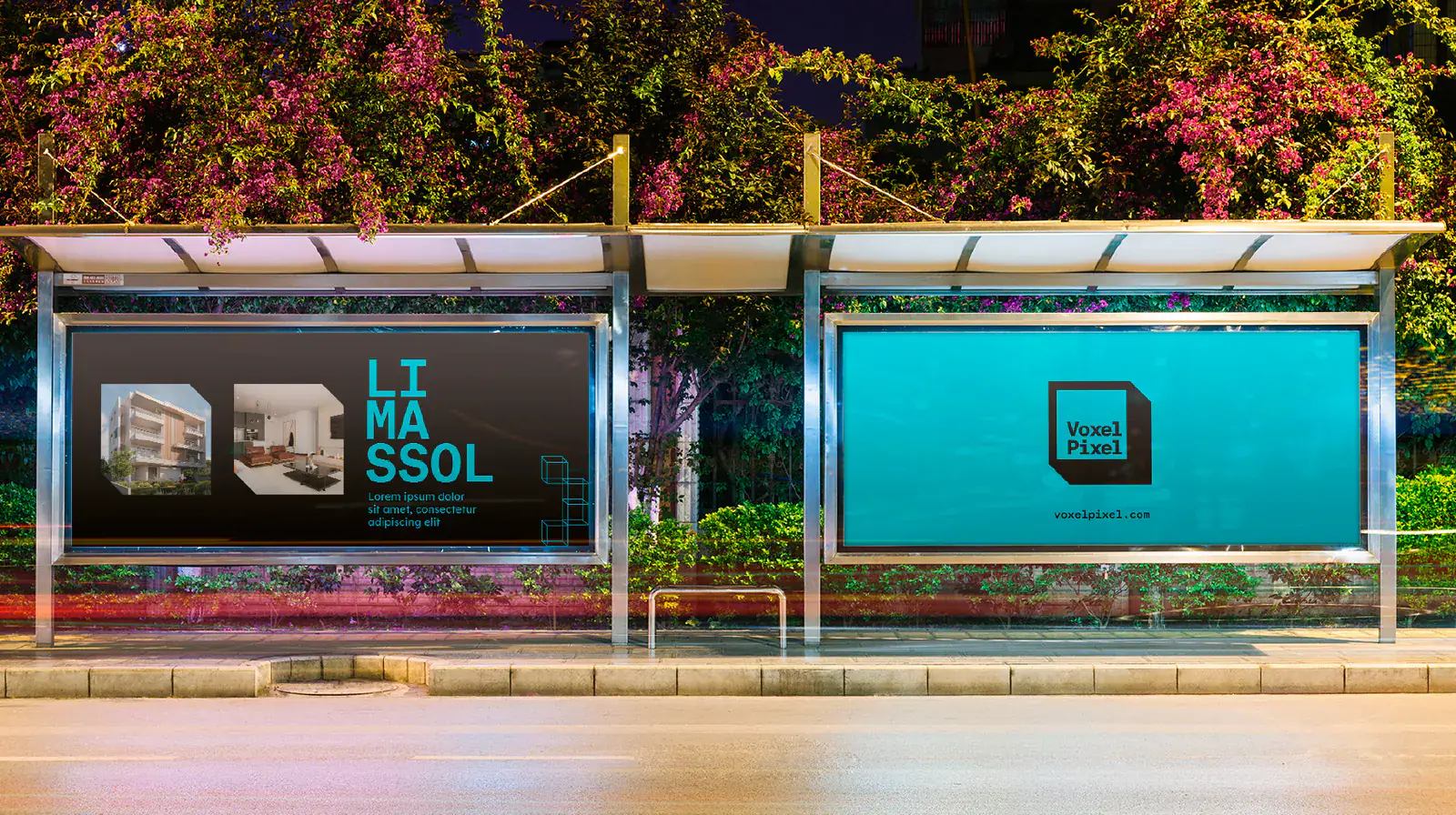Vallas de paradero de Voxel Pixel con proyecto Limassol y logotipo a gran escala, campaña exterior de Follow Me Agency