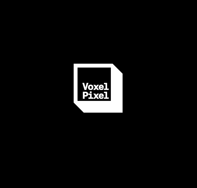 Logotipo sintetizado de Voxel Pixel en versión negativa, identidad creada por Follow Me Agency