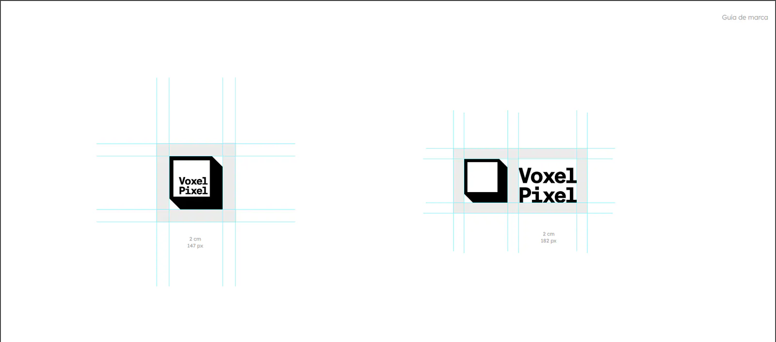 Guía de marca de Voxel Pixel con grilla y reglas de construcción del logotipo, diseño de Follow Me Agency