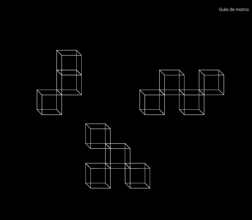 Sistema de gráfica secundaria de Voxel Pixel con cubos en wireframe, identidad de Follow Me Agency