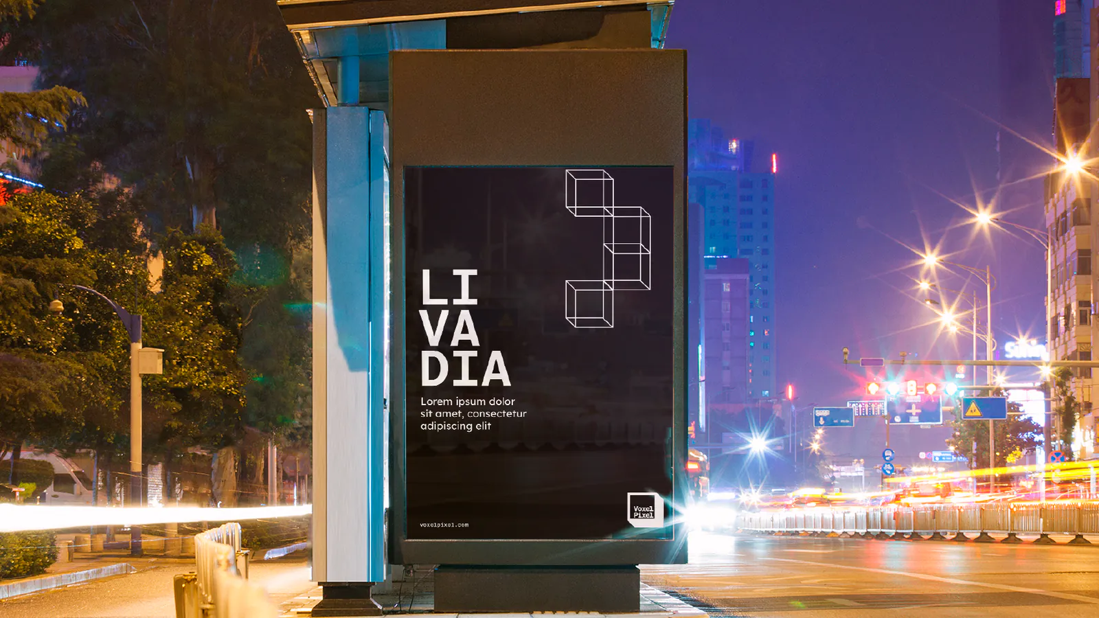 Valla exterior nocturna de Voxel Pixel para el proyecto Livadia, aplicación de marca de Follow Me Agency