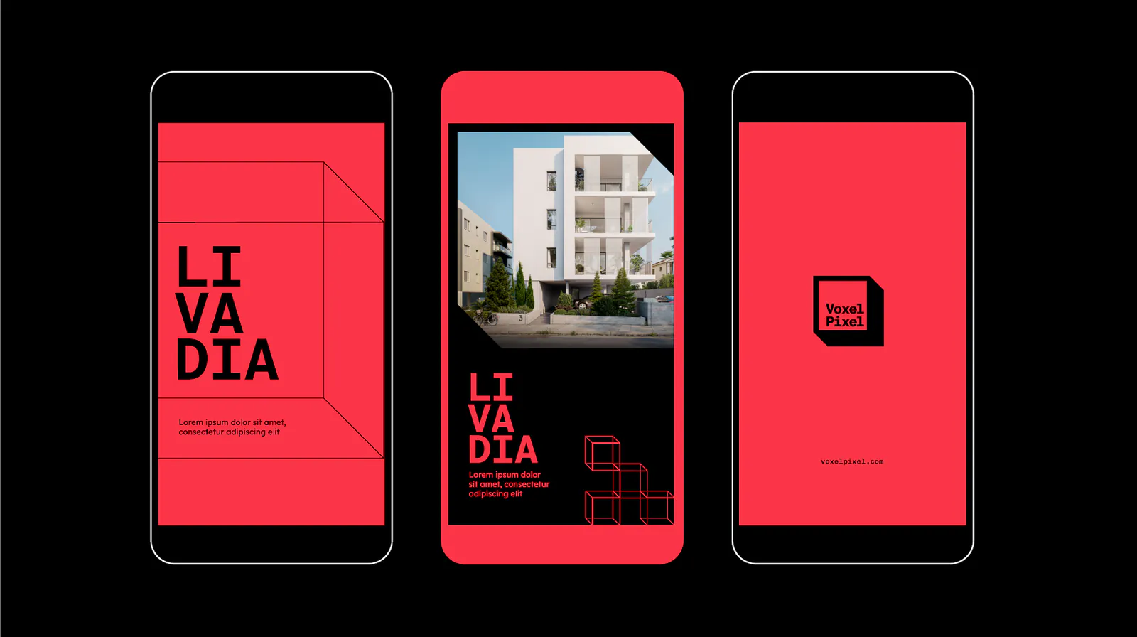 Historias verticales de Voxel Pixel para Instagram sobre el rojo de marca, diseño de Follow Me Agency